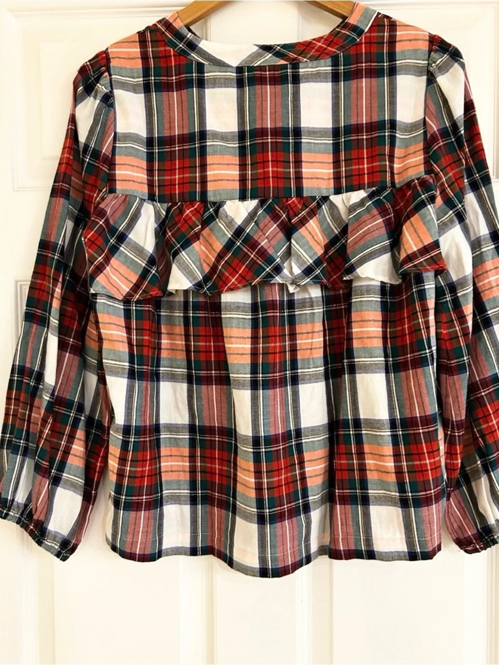 J. CREW Plaid Ruffle Yoke Pullover Top